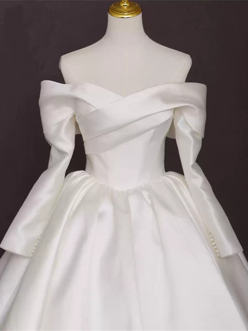 Off the Shoulder Long Sleeve Wedding Dress – Simple White Wedding Dress - Satin Wedding Dresses Long Sleeve with Corset Back Plus Size